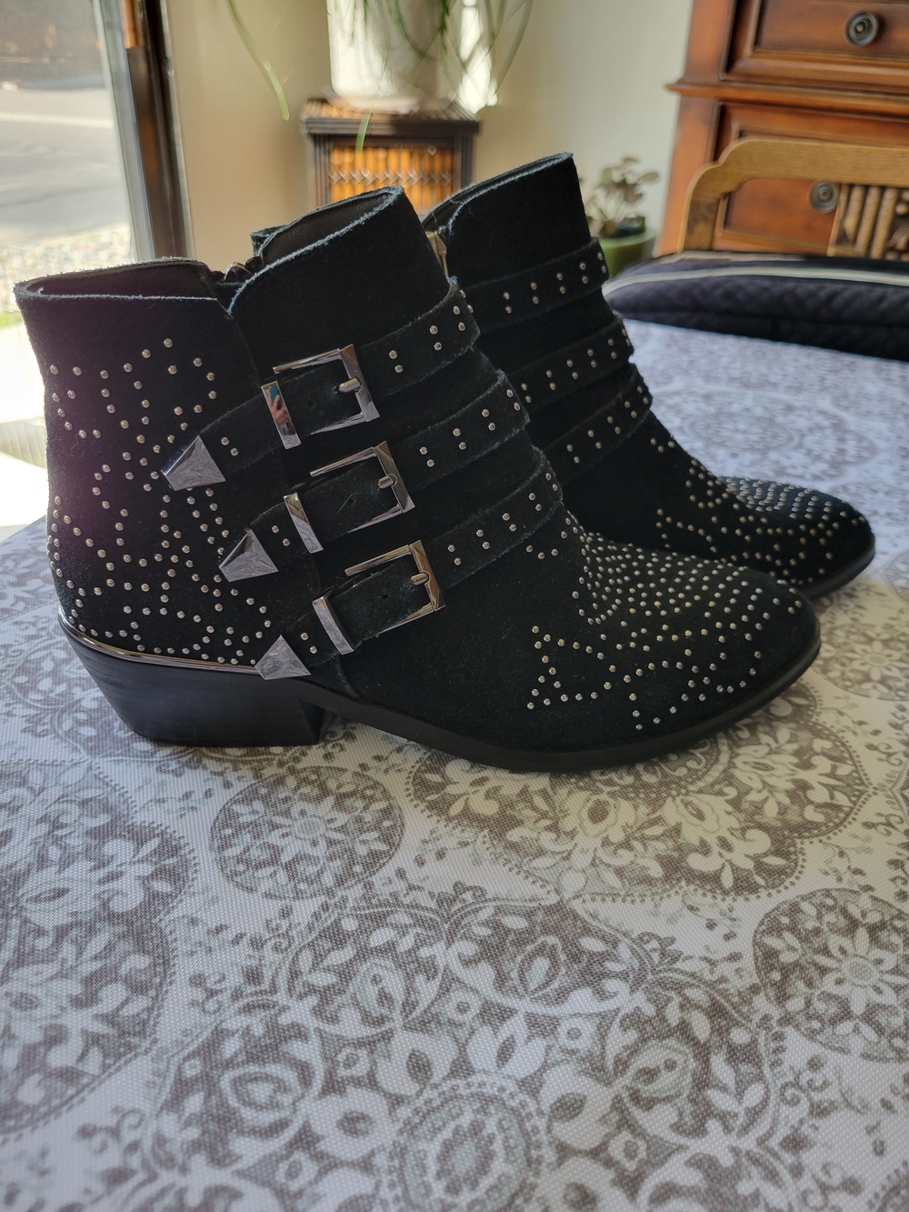 Studded Black Suede Ankle Booties with Triple Buckle Straps